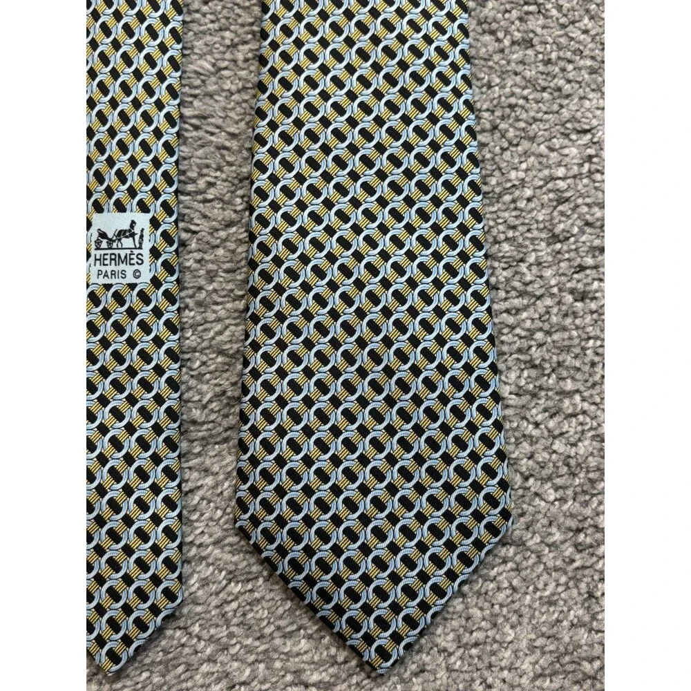 Hermes Silk Tie Yellow Blue‎ Geometric Pattern 7760